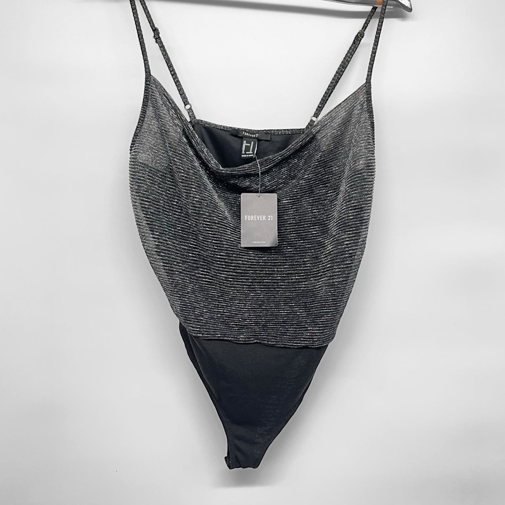 Forever 21 Bodysuit Juniors' Med Metallic/Black Cowl Neck Adjustable Straps New